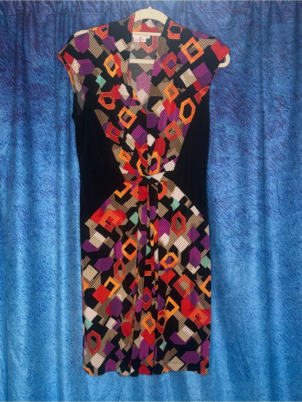 London Times Black Midi Dress with Purple, Orange, Red & Cream Geometric Print